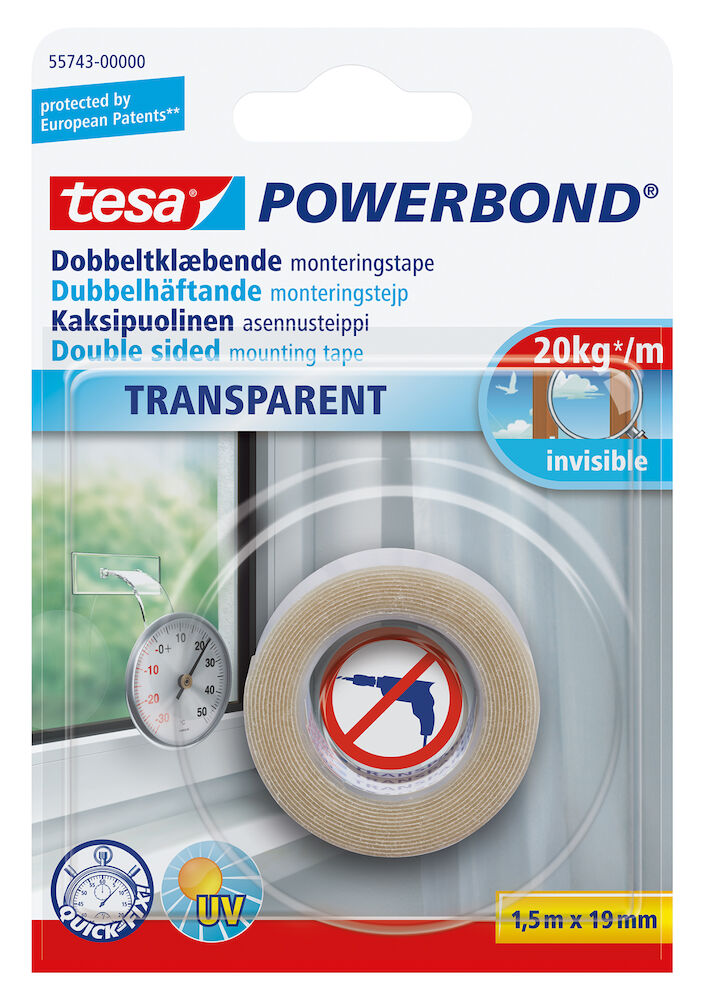 Monteringstejp Powerbond dubbelhäftande 1,5mx19mm transparent Tesa