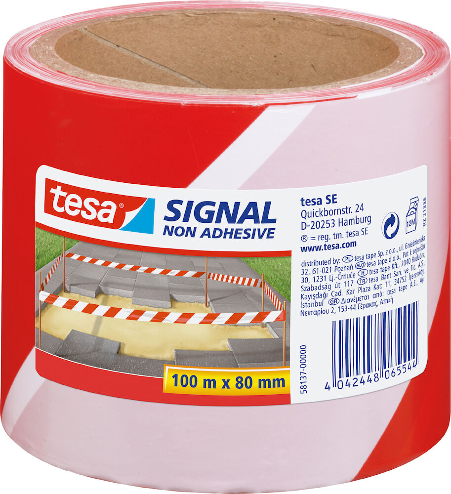 Avspärrningsband / Varningsband 80mmx100m röd/vit Tesa