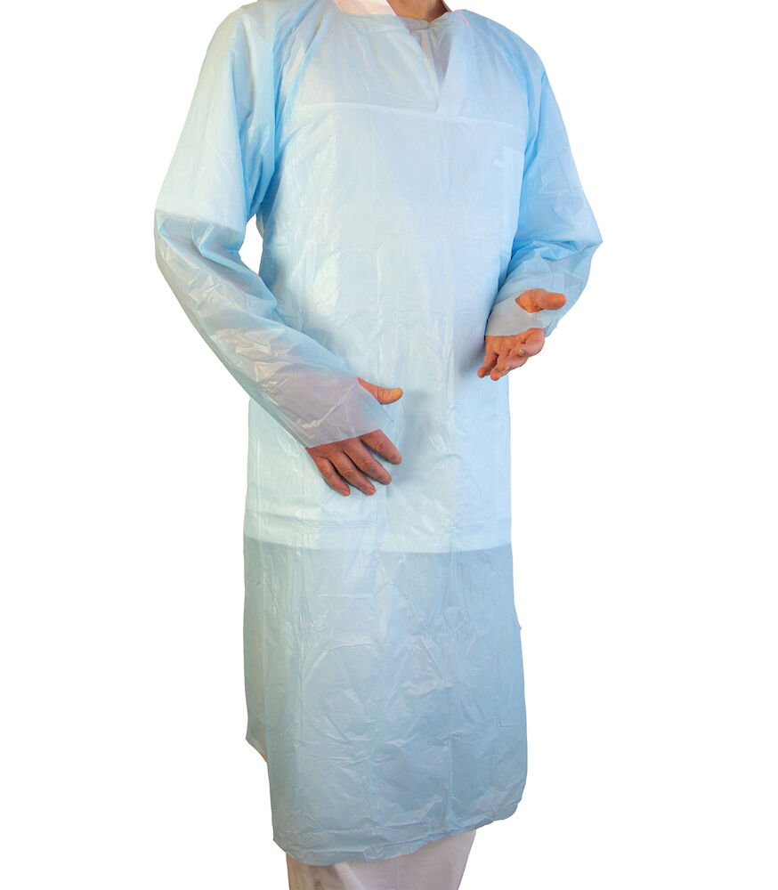 Engångsförkläde med lång ärm och tumhål Blå 20 st/fp