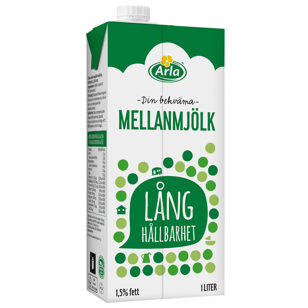 Kaffemjölk / H-mjölk Mellanmjölk 1,5% 1 Liter Lång Hållbarhet