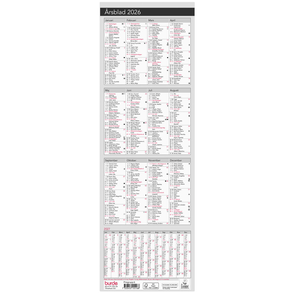 Kalender Årsblad 2026 Burde