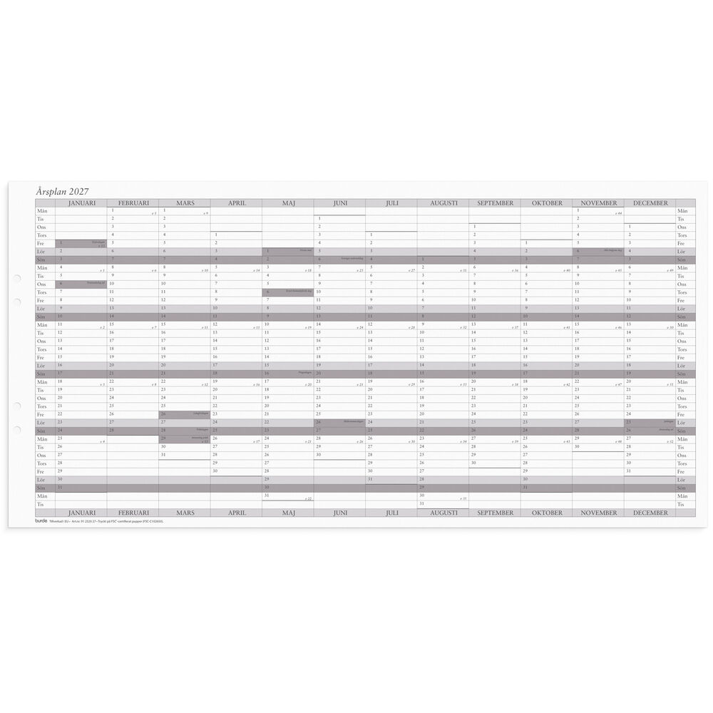 Väggkalender 2027 Årsplan 5/fp
